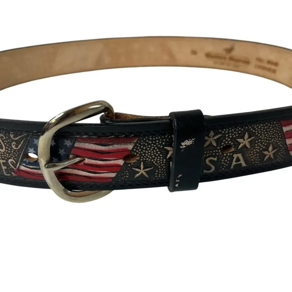 Western Express Mens Tooled Leather Belt 32 34 Stars Stripes USA Flag